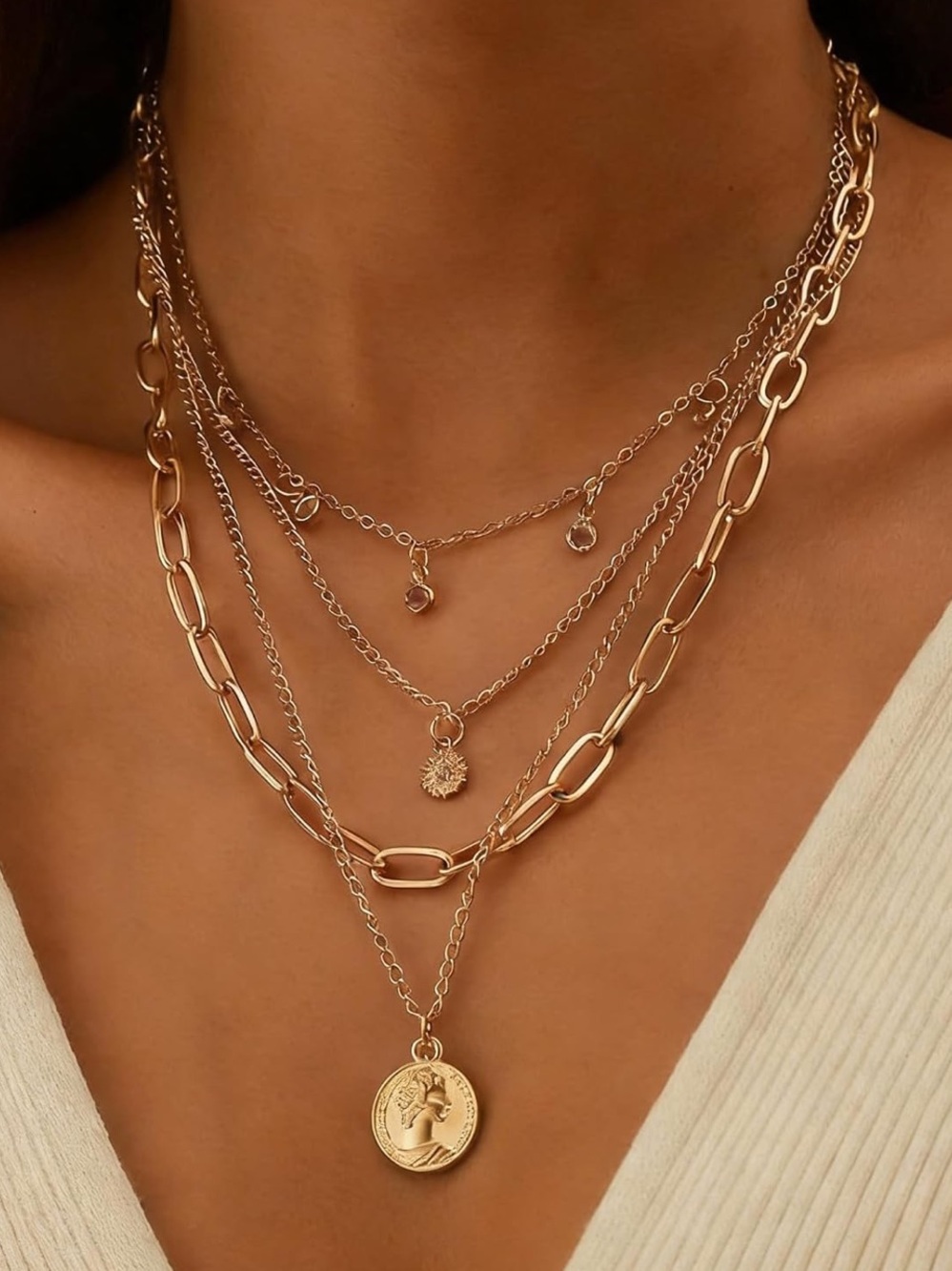 Monica Layered Trendy Charm & Paperclip Gold Necklace - Picture 2 of 3